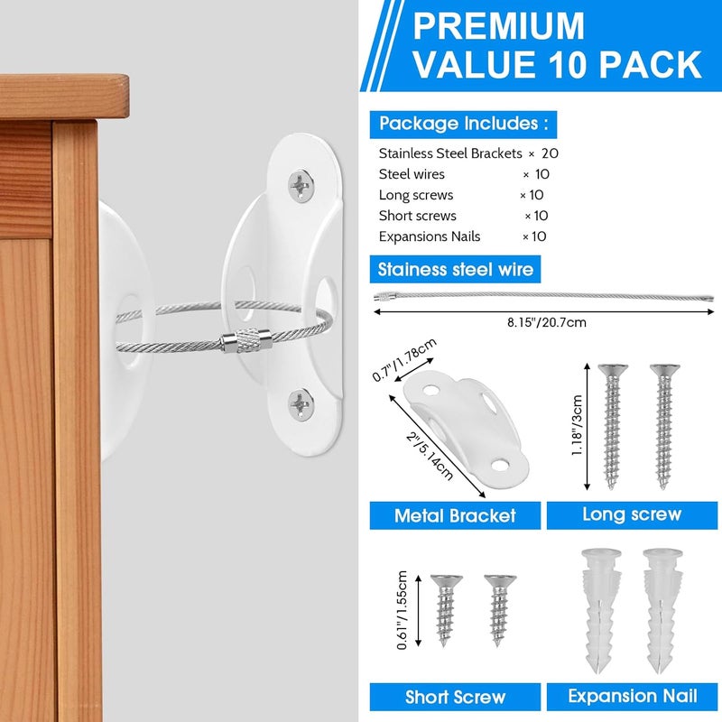 Guirnd 10 Pack Furniture Anchors, Anti Tip Furniture Anchors for Baby Proofing, Metal Earthquake Straps Furniture Straps Wall Anchor for Dresser and Bookcase (White) - Image 2
